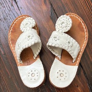 White Flat Leather Sandals with Floral Design